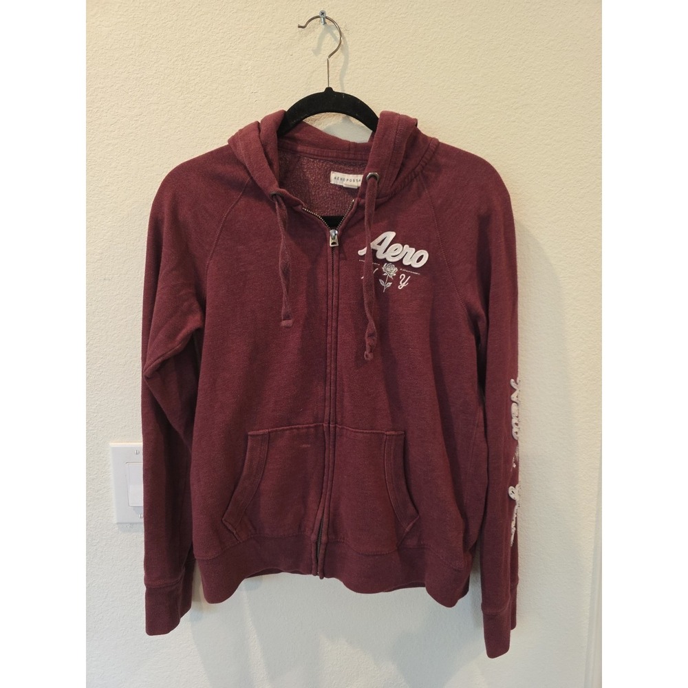 Aeropostale Athletics Women Burgundy Heather‎ Full Zip Spellout Hoodie Sz M Y2K